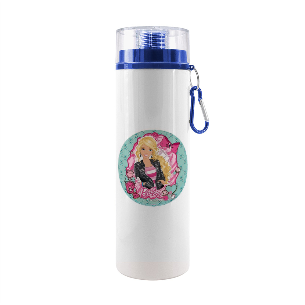White and blue aluminum bottle with printed design theme Barbie |