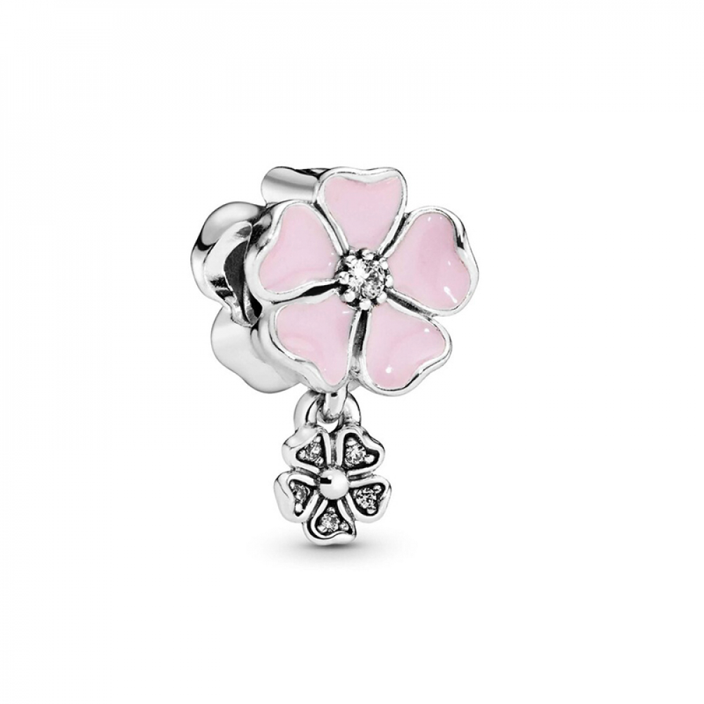 Pandora style silver dangle charm pink cherry blossom flower